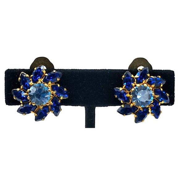 Austria Rhinestone Brooch Earrings Set Two Tone Blue Signed Vintage Costume Jewe - Picture 11 of 14
